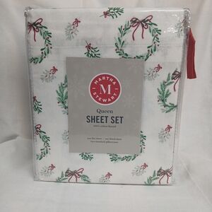 Martha Stewart Holiday Queen Collection Christmas Wreath Sheet Set Cotton